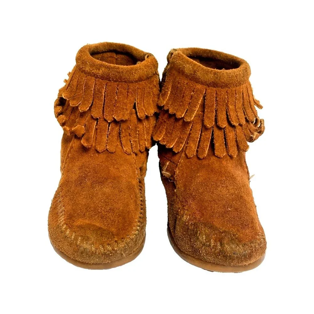 Minnetonka Girl's Brown Suede Leather Fringe Ankle Boots Moccasin Zipper -Sz 9T